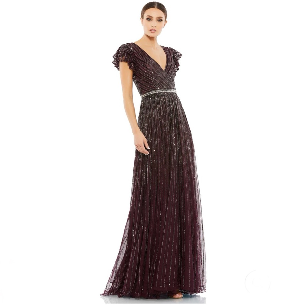 MAC DUGGAL Beaded Cap Sleeve Tulle A-Line Gown NEW Size 4 Blackberry Dress